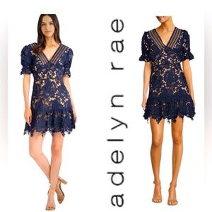 EUC Adelyn Rae Floral Lace Navy V-Neck Short Sleeve
Scalloped Hem Dress Size XS